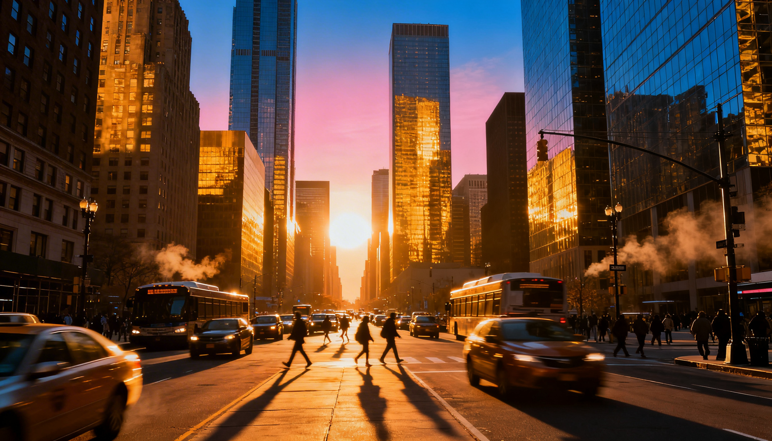City Street Sunset Traffic Photo – Urban Golden Hour View