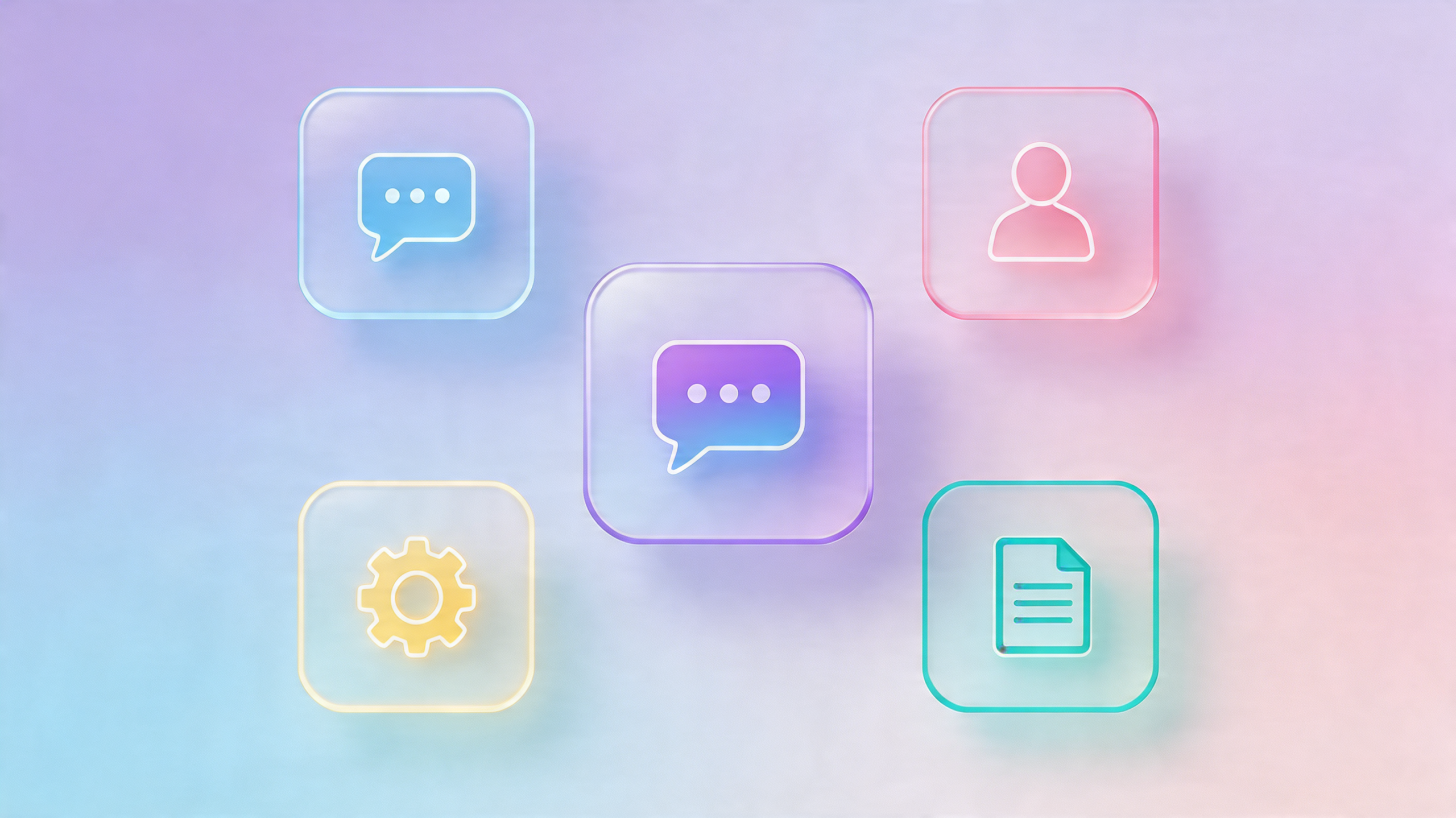 Smart AI assistant interface with floating UI cards, soft glassmorphism style, pastel