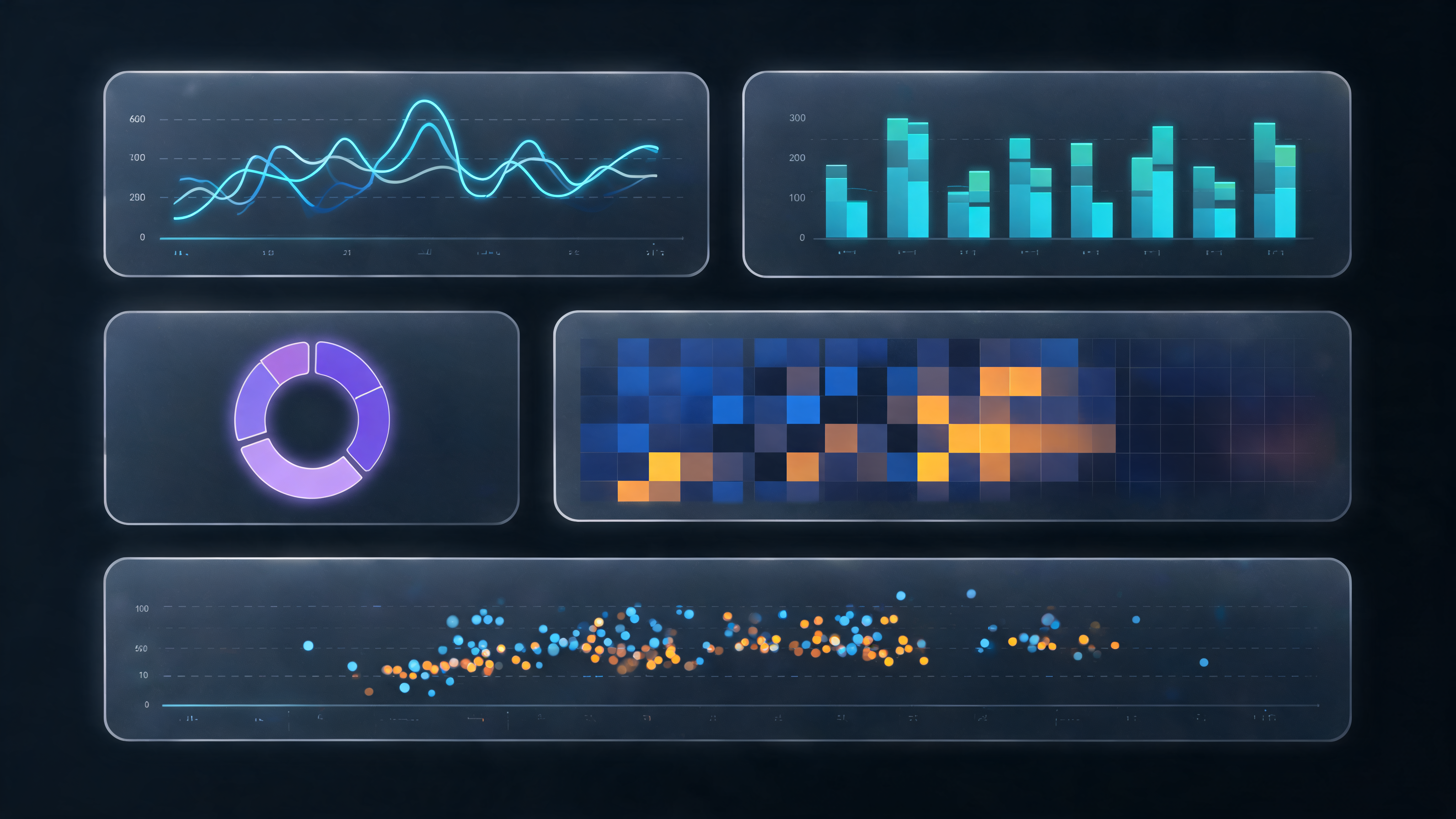 Digital dashboard UI with advanced analytics, glowing charts, transparent panels, modern SaaS