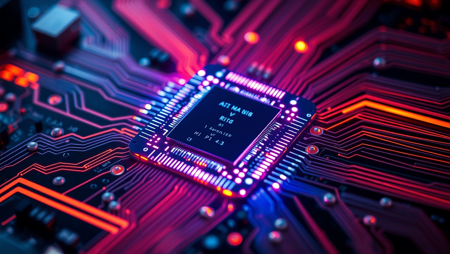 AI chip glowing inside futuristic circuit board, macro detail, pulsing neon veins,…