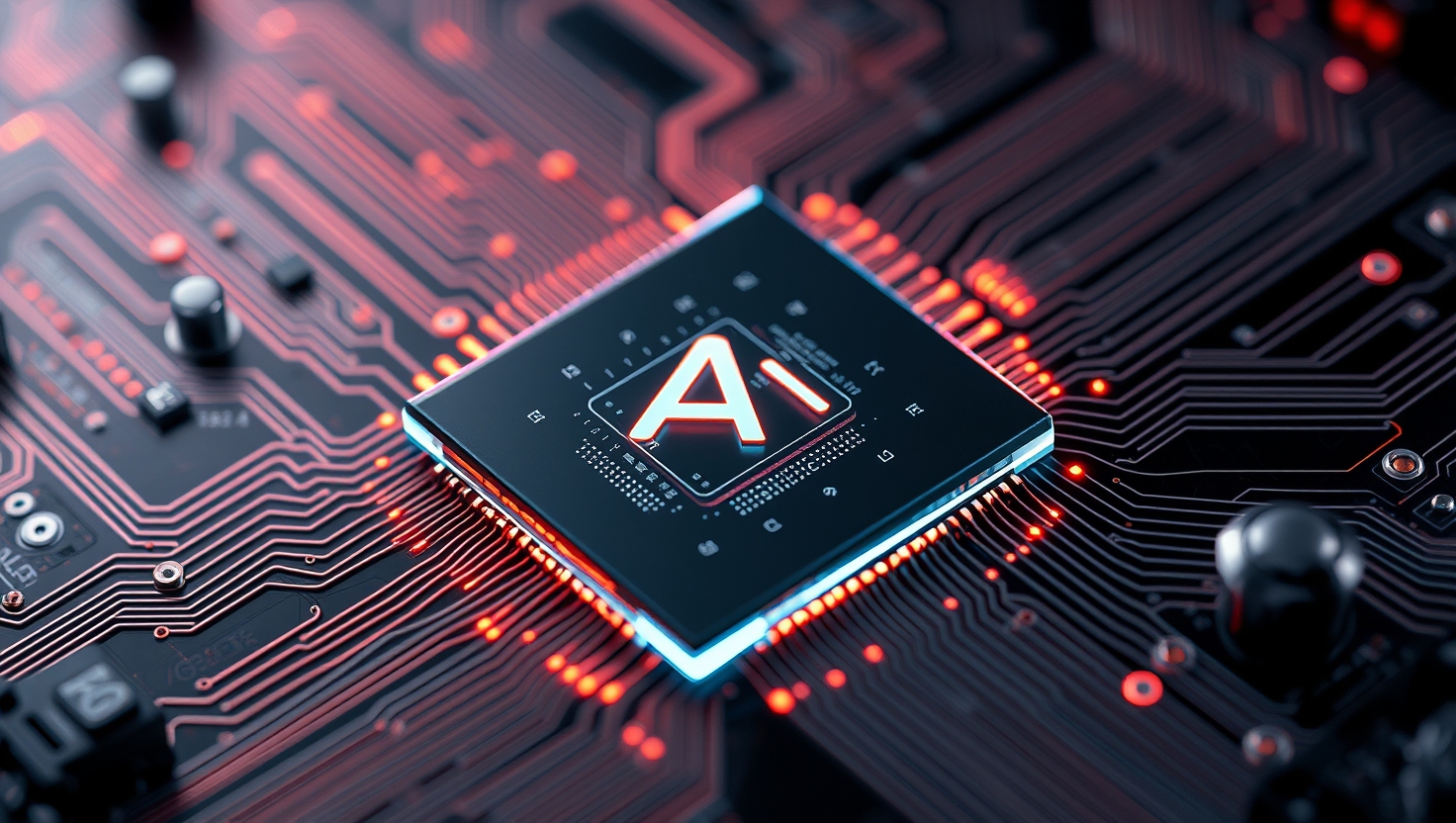 AI chip glowing inside futuristic circuit board, macro detail, pulsing neon veins,…