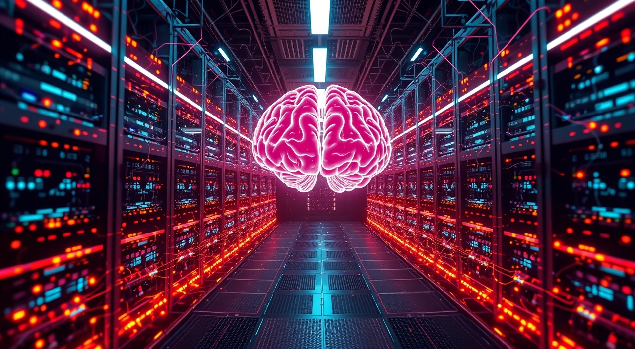 Artificial intelligence model training on massive datasets, glowing neural networks, digital brain…