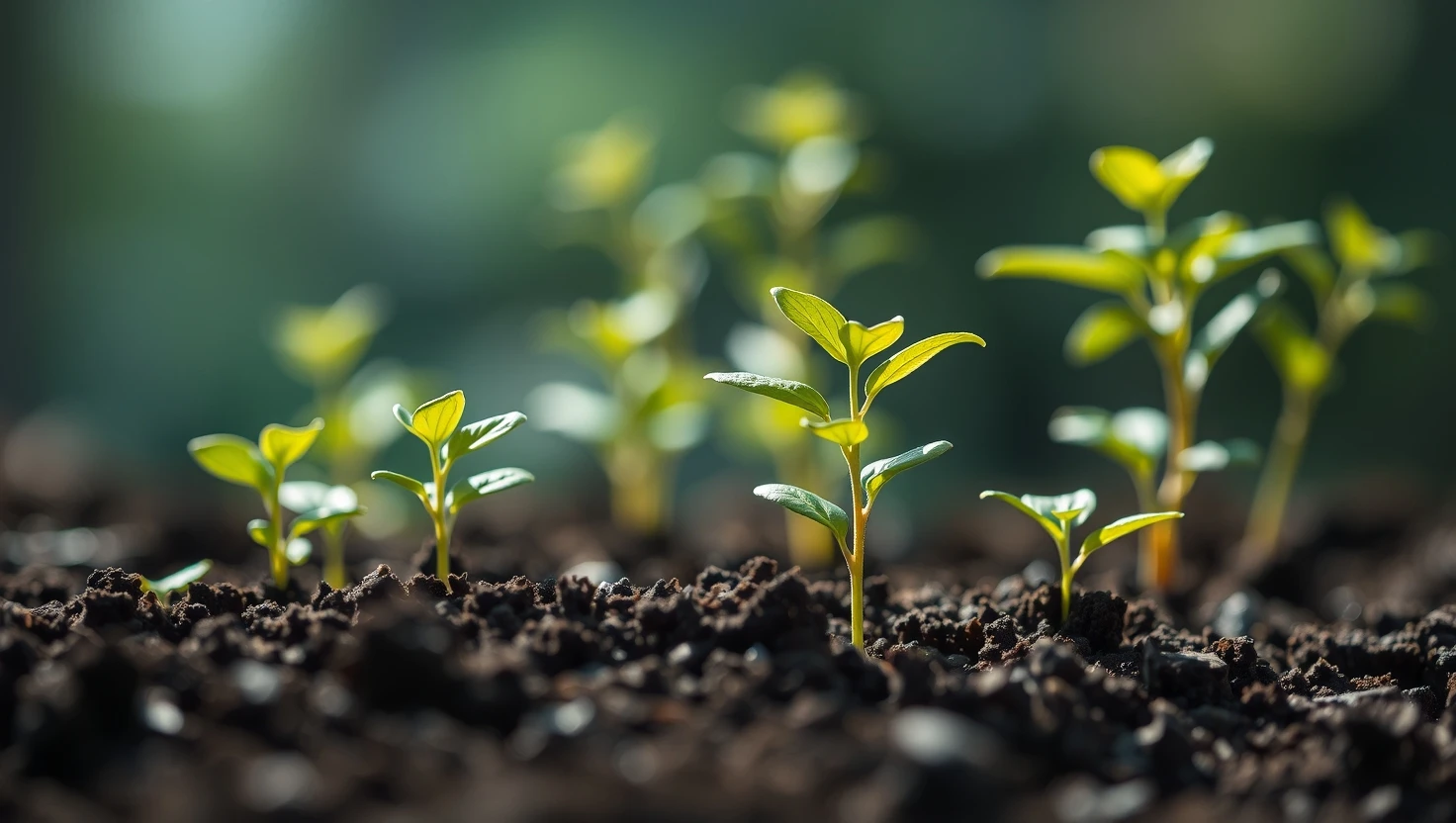 New growth small plant sprouts in dark soil, garden life