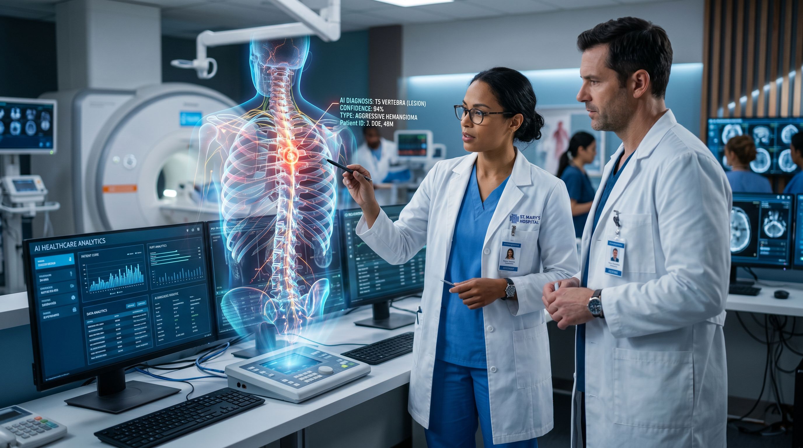 doctors analyze futuristic medical hologram
