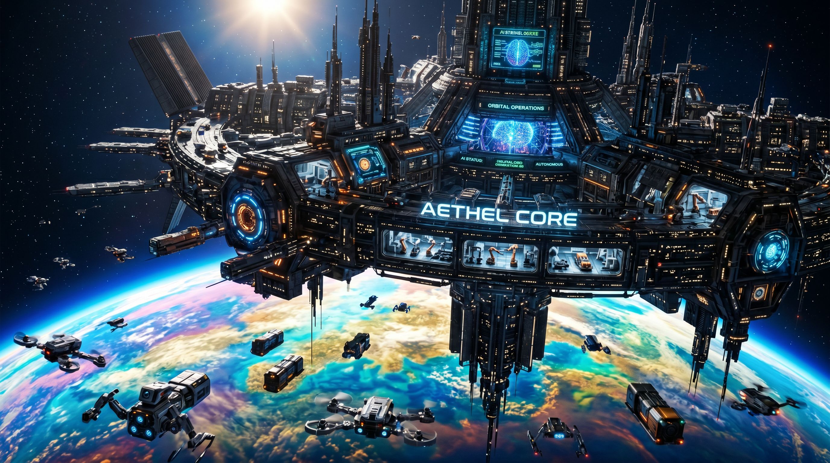 futuristic space station Aethel Core above Earth with drones