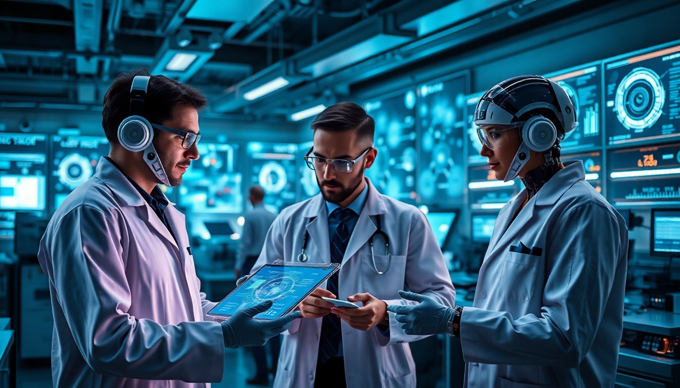 Lab team discusses future tech on futuristic tablet in blue lab