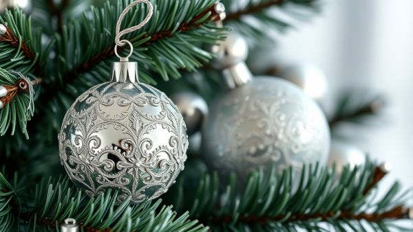 Silver Christmas ornaments on a green pine tree close up festive detail
