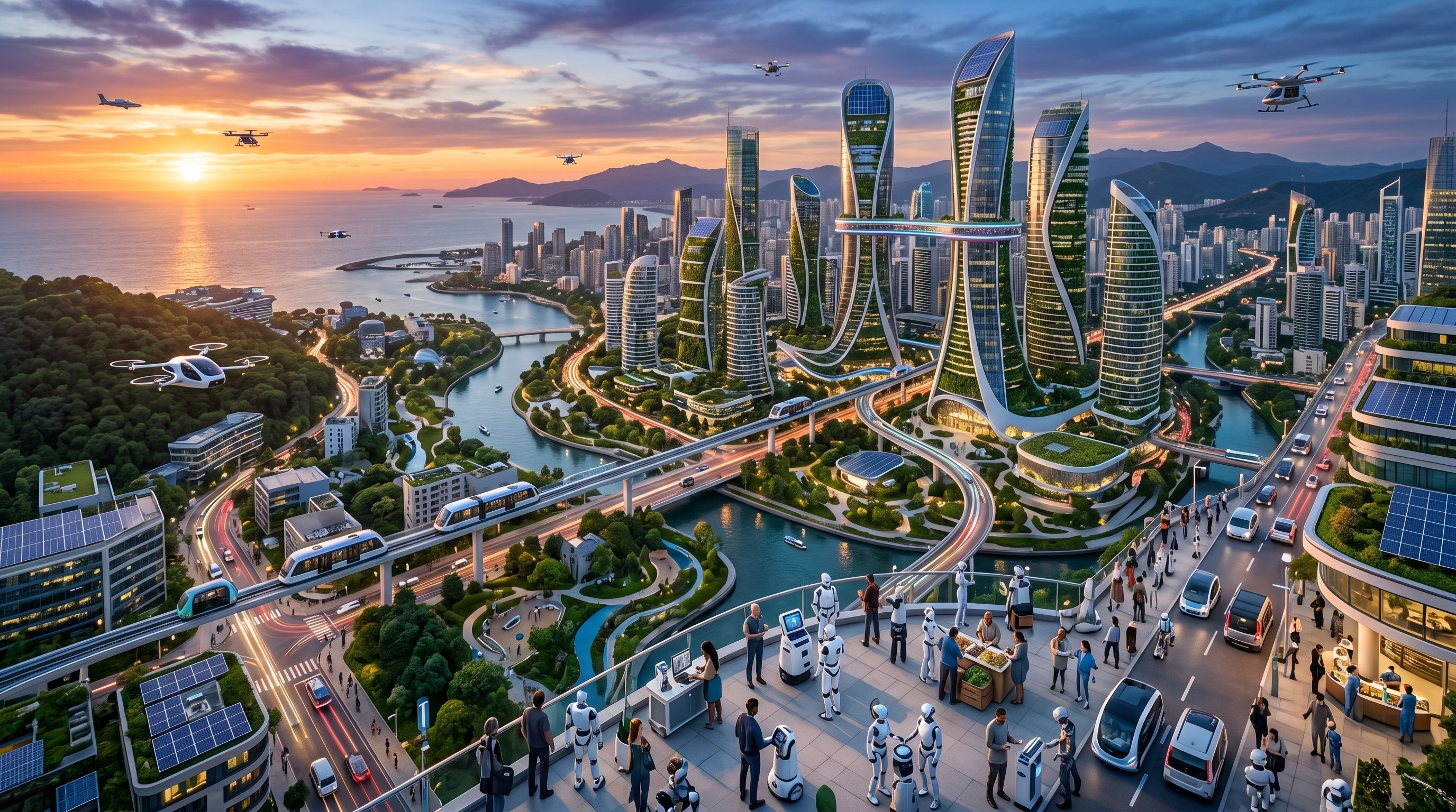 futuristic city scene with flying cars and robots at sunset