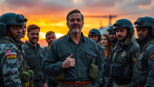 Military team ready for duty with thumbs up at sunset