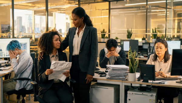 Sad office workers needing support during a tough work day