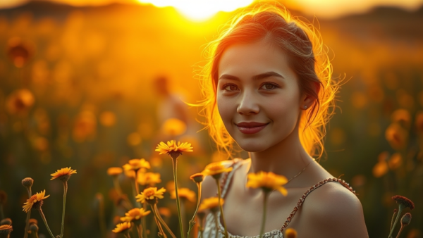 Young woman in flower field at sunset, happy outdoor portrait