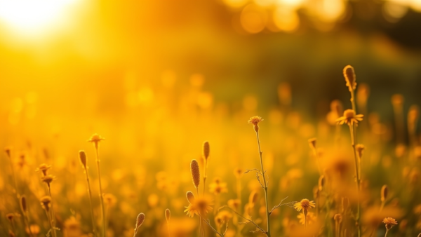 Golden field flowers at sunset light, soft focus, nature background