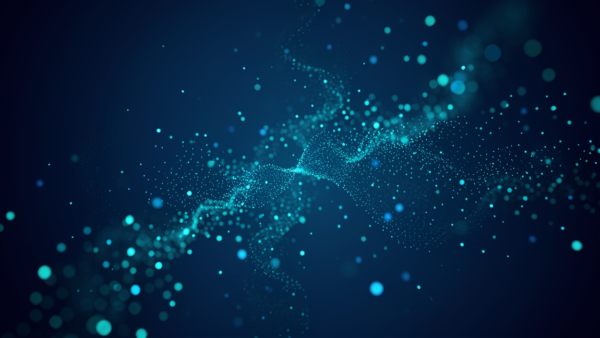 Digital particles flowing abstract background with blue and teal lights
