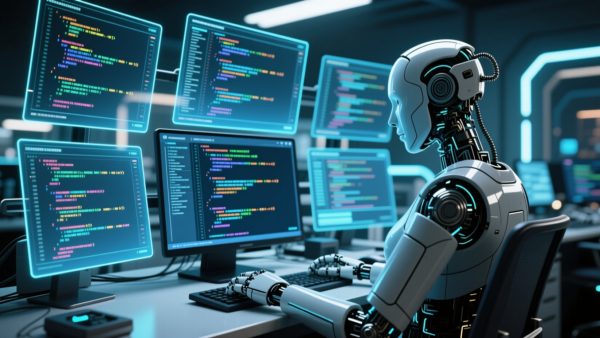 Robot coder works on multiple screens with colorful code displays