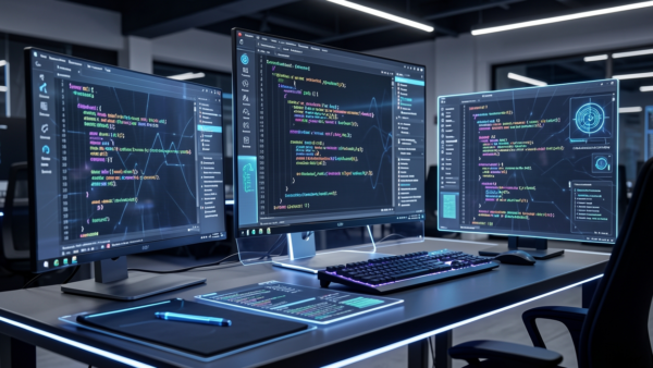 Code desk modern setup with multiple monitors and glowing interface