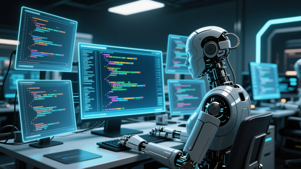 AI robot coding futuristic computer screens displaying code for tech