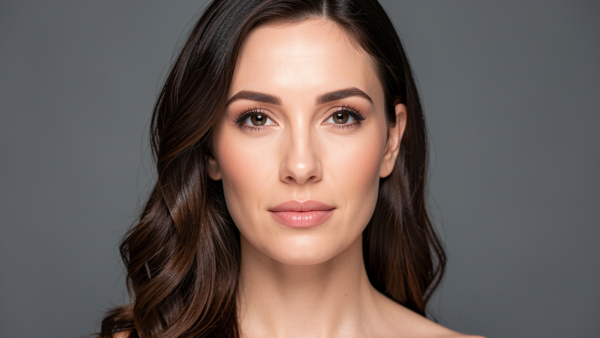 Woman face close up soft look healthy skin and wavy brown hair