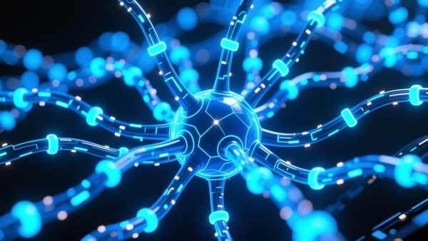 Blue neural network connection with glowing nodes and wires