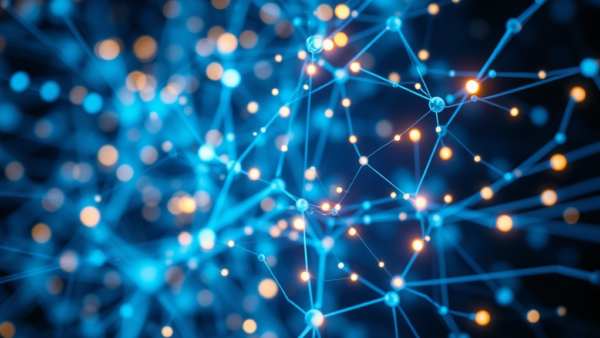 Abstract Network Node connections blue and gold glowing particles technology