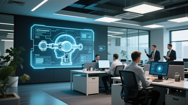 AI Technology Office Futuristic Data Display Business Team Working