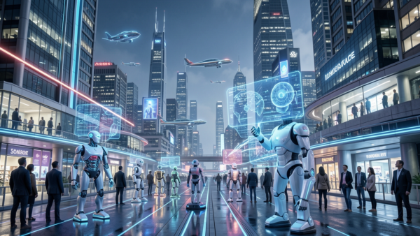 Future robot city scene with flying cars and advanced technology displays