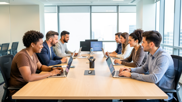 Team meeting in modern office, people working on laptops around a table