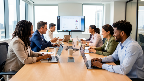 Team meeting with laptops and screen in modern office setting