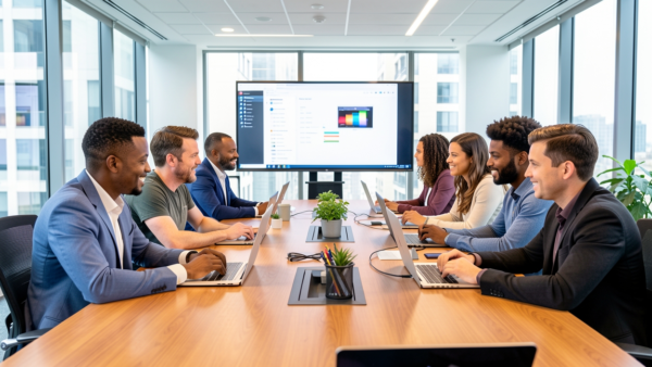 Business meeting diverse team working laptops in modern office with big screen