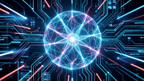 Digital sphere network on circuit board background with neon lights