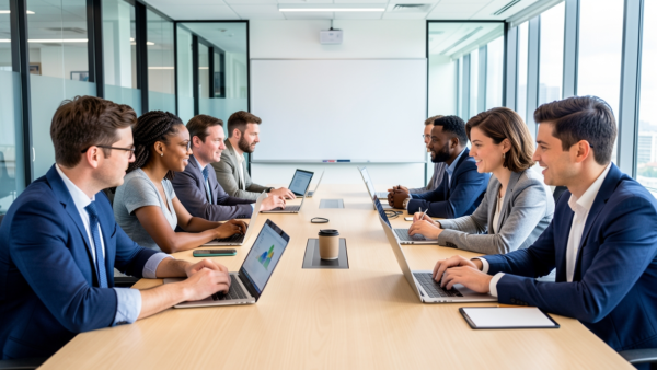 Business meeting people collaborating with laptops in modern office