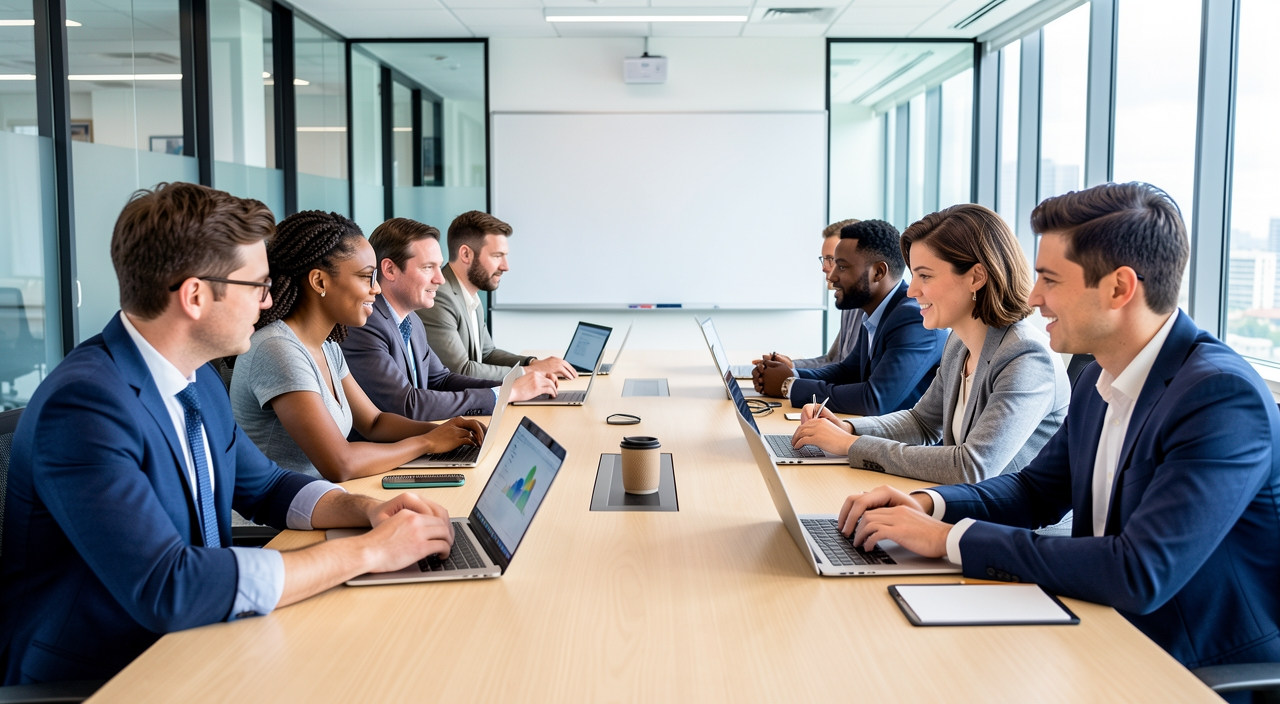 Energetic team brainstorming around a large wooden table