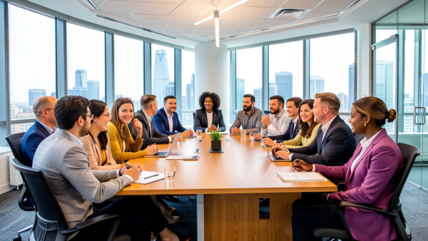 Diverse business team in modern conference room meeting at table with city view