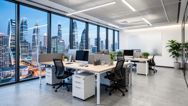 modern office view city skyline desk chairs computers workspace