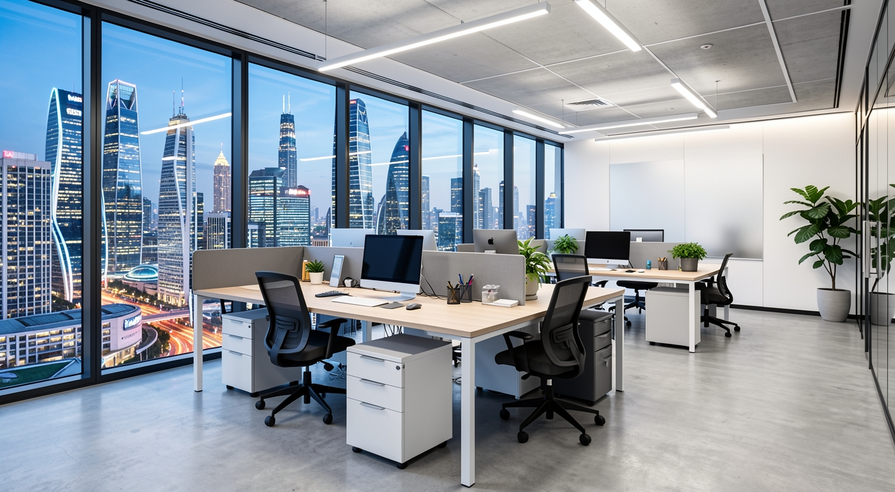 Innovative startup office with a futuristic cityscape in the background