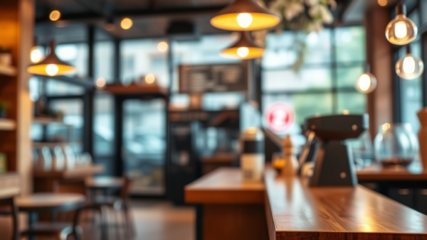 Cafe interior background with warm lighting and wooden bar