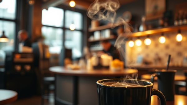 Steaming Coffee Mug in Cozy Cafe