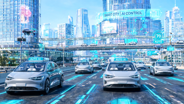 Smart City AI Control Futuristic Autonomous Cars Driving on High-Tech Road