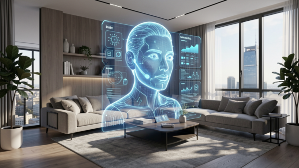 AI digital hologram person head with data charts modern office