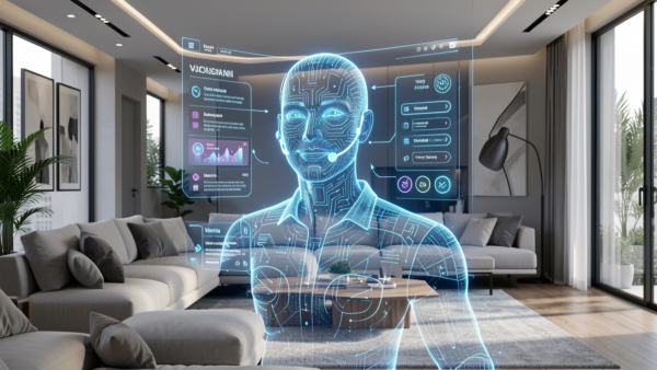 AI digital assistant future hologram interface in modern living room