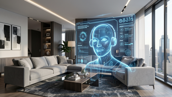 Futuristic AI Hologram Interface Displaying Human Head and Data