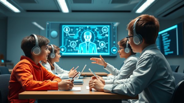 Kids learning tech with headphones and digital screens