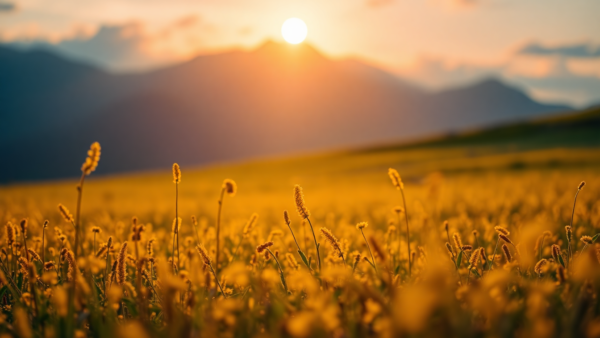 Golden Field Wildflowers Sunset Mountains Landscape Background