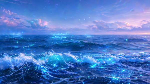 Sparkling Ocean Waves at Sunset Dreamy Blue Water Background