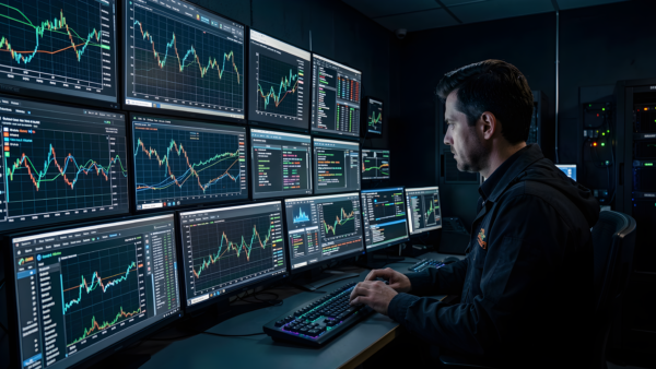 Trader analyzing stock market charts on multiple computer screens in a dark control room