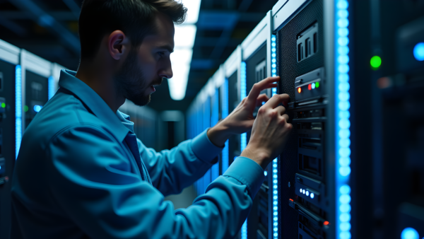IT technician working on server rack in data center with blue lights