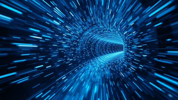 Blue digital tunnel light trails abstract background for technology