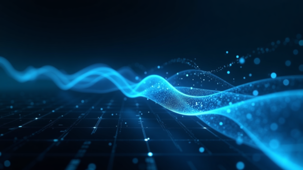 Blue wave data flow abstract background with particles and grid