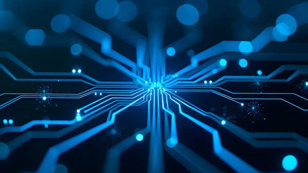 circuit board data flow blue glowing abstract background for technology