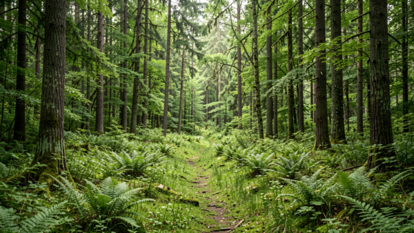 Forest path with ferns and tall green trees, nature landscape photo