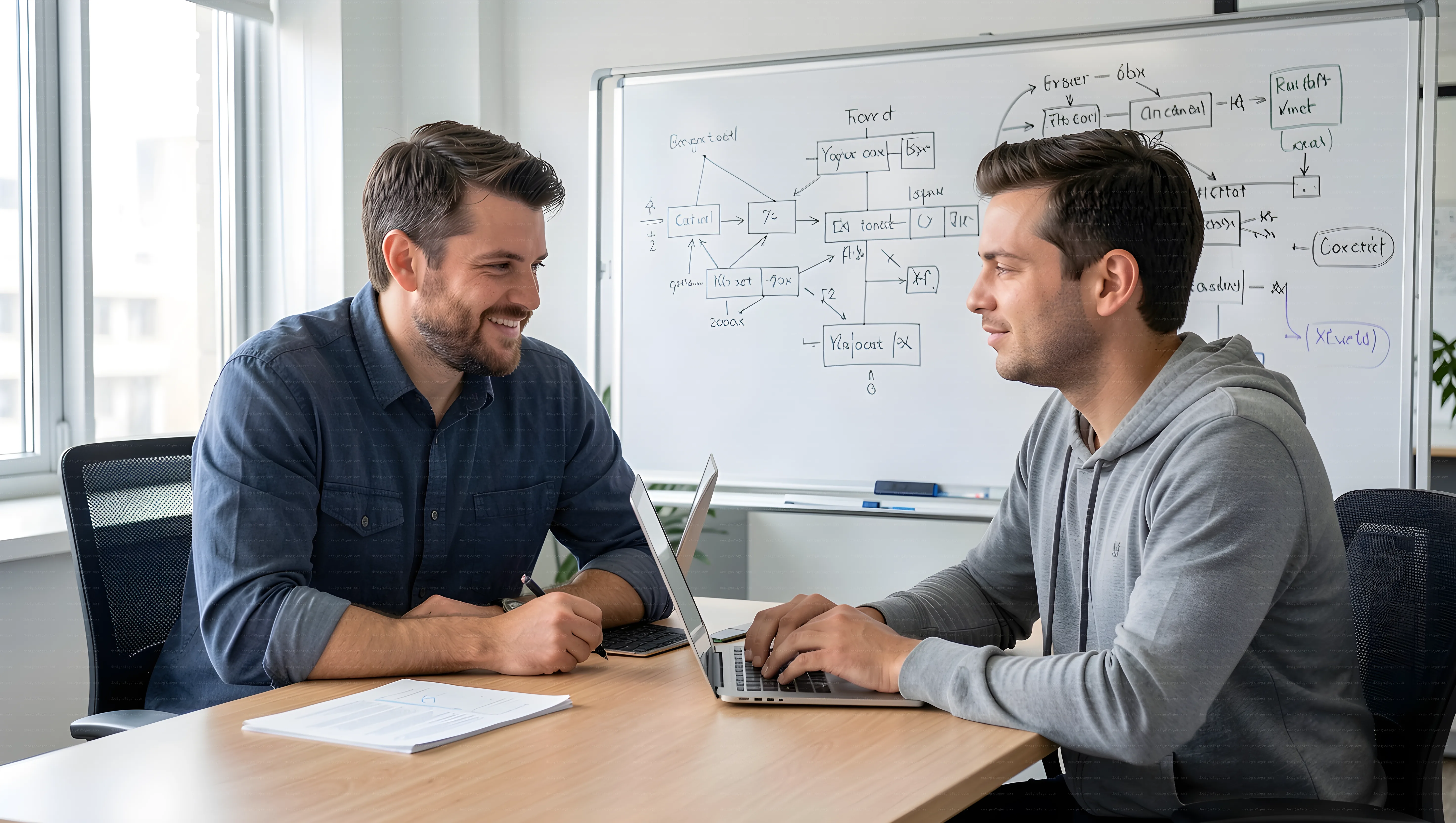 Coworking men planning strategy at desk with whiteboard flow chart
